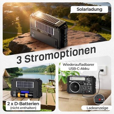 Портативне радіо PRUNUS J-02 AM/FM/SW: сонячне радіо з акумулятором 1800mAh, Bluetooth 6.0, TF-карта, USB, 2 антени