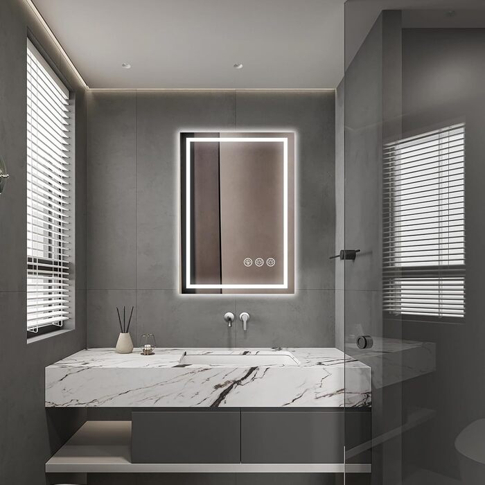 Дзеркало для ванної кімнати 50x70 см з LED-підсвічуванням, антизапарювання, диммування, 3 кольори світла