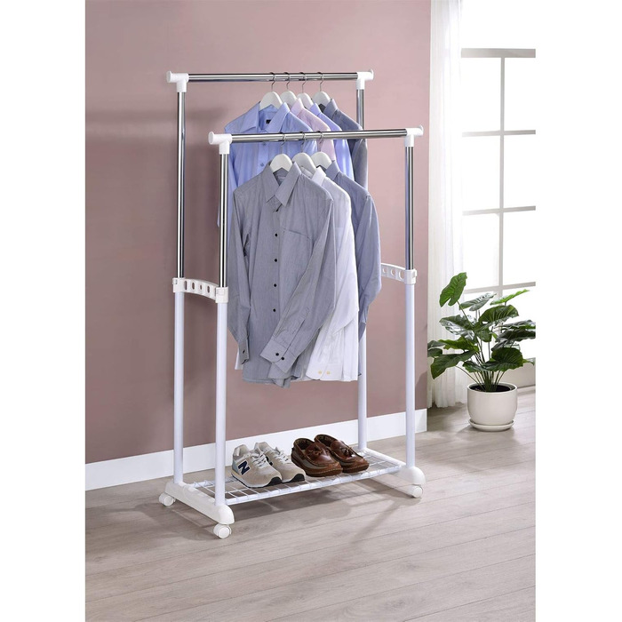 IDIMEX Wardrobe Trolley Grosso Clothes Rack Rolling Wardrobe Clothes Stand, with Shoe Shelf, 2 Clothes Rails, Height Adjustable, Chrome-Plated Metal Tube, in White