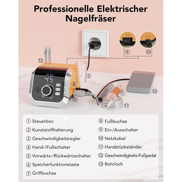 Професійний електричний фрезер для нігтів Nagelfräser 45000 об/хв з педаллю, LCD дисплеєм, 45 швидкостей, F/R, функція паузи, для гель-манікюру, для салону та дому