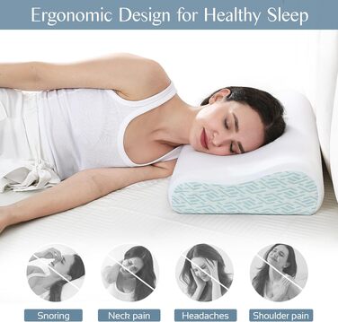 Ергономічна подушка з ефектом пам'яті (Memory Foam) для шиї та голови, для сну на боці, спині та животі, дихаюча наволочка, синя, 61 x 35 x (9/12) см