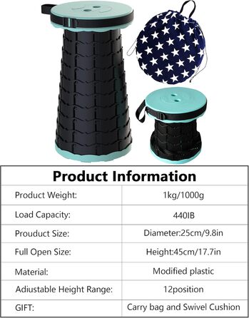 Складаний туристичний стілець-табурет, 440lbs, з сумкою, для кемпінгу, риболовлі, відпочинку на природі (Колір: Зелений)
