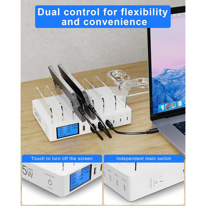 Зарядна станція 245W USB для 7 пристроїв з LCD-дисплеєм, кабелями та тримачем для iWatch, чорна - для iPhone, планшетів та іншої електроніки