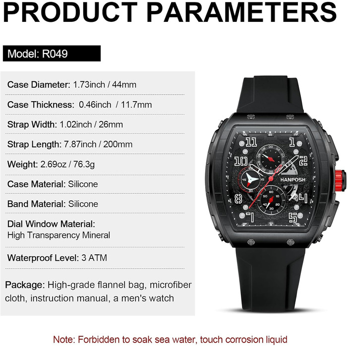 HANPOSH Чоловічий годинник: аналоговий кварцовий годинник з водозахистом, спортивний стиль, тактичний дизайн (чорний)