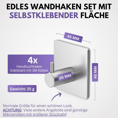 Набір гачків для рушників Filzada® (4 шт.) - не потребують свердління, нержавіюча сталь, 3M, водонепроникні, для ванної кімнати
