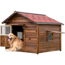 Великий вольєр для собак на вулицю з масивного дерева, тепла собача будка, вольєр з піднятим дном для великих собак, (дерево, 2XL) Дерево 2XL