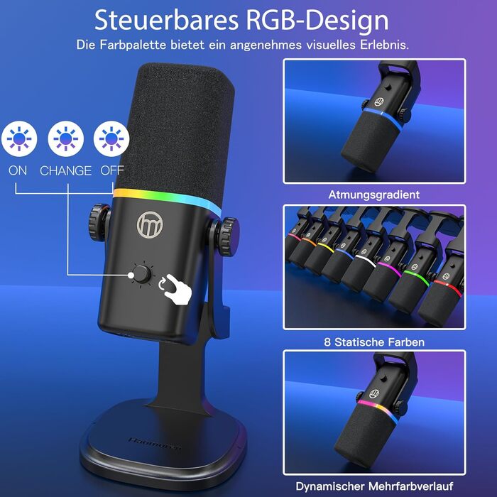Динамічний мікрофон Haomuren XLR/USB з RGB-підсвіткою для геймінгу, подкастів та YouTube