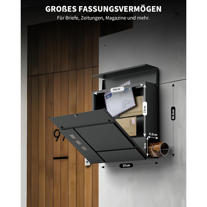 Поштовий ящик антрацит з гравіюванням, персоналізований, 2-в-1, нержавіюча сталь, з табличкою для імені та номера будинку, газетний відсік, подвійний (L)