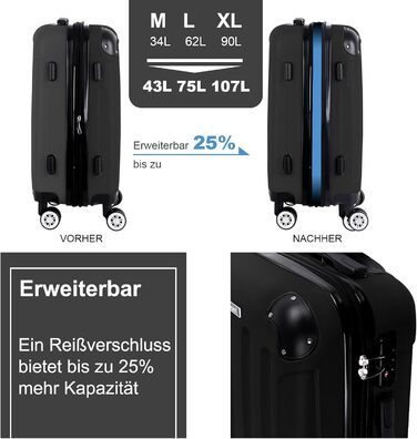 Набір валіз 3er - міцні ABS-валізи з TSA-замком, розширюваний об'єм - M, L, XL, захист кутів, 360° колеса, телескопічна ручка, підходить для ручної поклажі & стійкий до ушкоджень (Чорний)