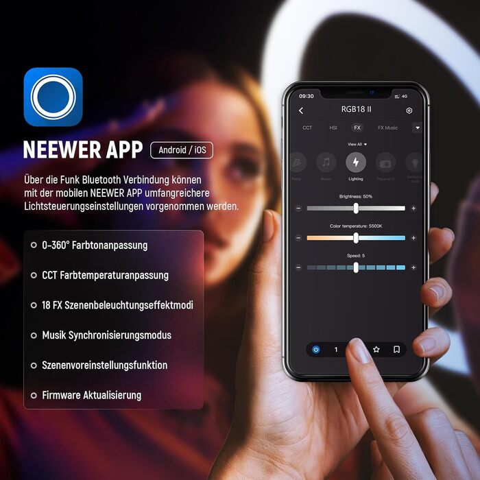 NEEWER Комплект кільцевого світла з штативом: 45 см, 55 Вт, регульована LED кільцева лампа з пусковим пристроєм Bluetooth для телефону/камери, YouTube, TikTok, портретної фотографії, тату, макіяжу, салонів (RGB18 II)
