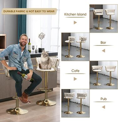 Avorio Velvet Bar Stools 2-Pack - Adjustable Height, Swivel with Footrest, Armrests & Backrest - Ergonomic Counter Stools for Kitchen Island, Bar, Restaurant