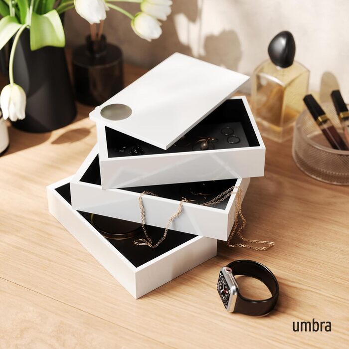 Шкатулка для прикрас Umbra Spindle – 3 ящики, білий глянець, для ювелірних виробів, годинників та аксесуарів