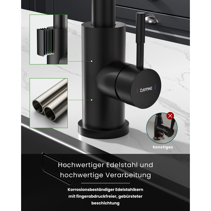 Кухонний змішувач DayOne з висувною лійкою, нержавіюча сталь SUS304, високий тиск, кухонний кран з 2 функціями, поворотний на 360°, для кухні (низький тиск, 247mb-niederdruck)