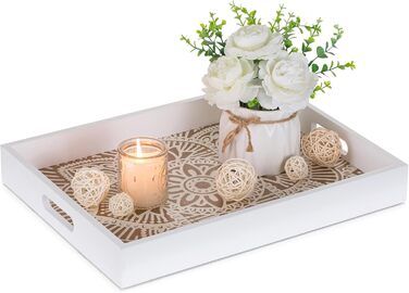 Hanobe Rectangular Wooden Tray Decor Serving Tray: Boho Decor Tray Flowers Wood Tray with Handle White Small Candle Trays Farmhouse Candle Tray for Coffee Table Tealight Kitchen Table