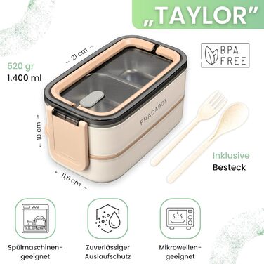 Бенто-бокс 'Taylor', 2 яруси з відділеннями, преміум нержавіюча сталь, без BPA, з посудом, для їжі на виніс, Meal Prep для дорослих, витримує мікрохвильову піч, герметичний