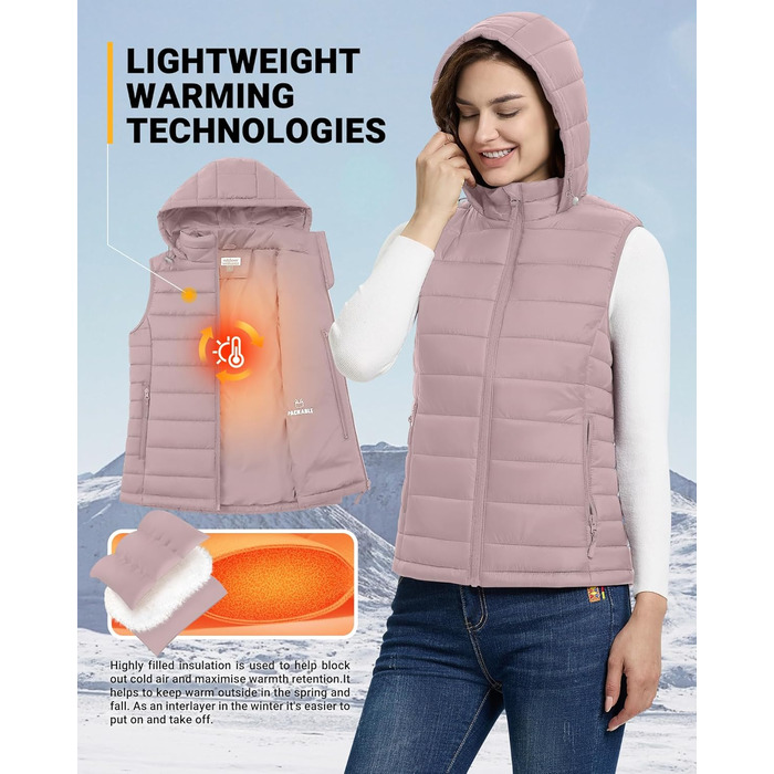 Стьобана жилетка Outdoor Ventures для жінок з капюшоном: тепла спортивна жилетка для походів, кемпінгу та їзди на велосипеді (Рожева, L)