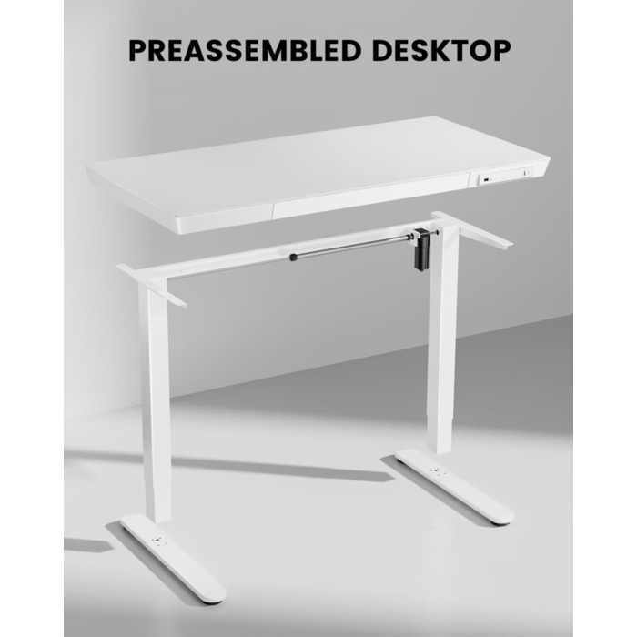 Електричний скляний стіл ErGear 120x60 см з регулюванням висоти, висувною шухлядою, для дому та офісу, біла скляна стільниця, білий каркас