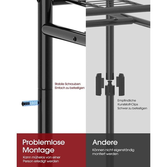 Стійка для одягу на колесах з полицями та гачками, металева, 84 x 31 x 202 см, чорна