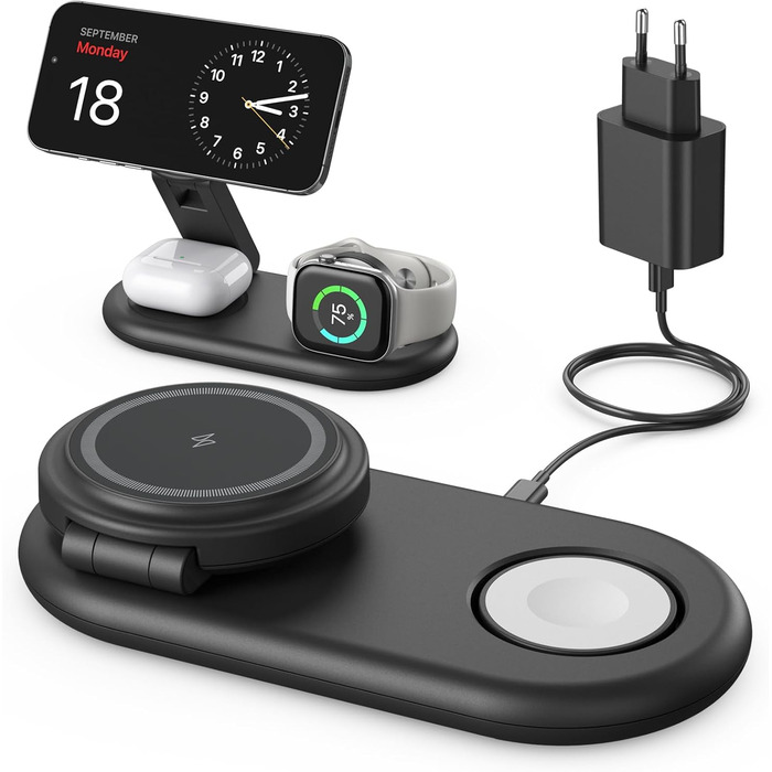Зарядна станція 3-в-1 для Apple Watch та iPhone з MagSafe, сумісна з iPhone 17, 16, 15, 14, 13, 12, AirPods Pro (білий/чорний)
