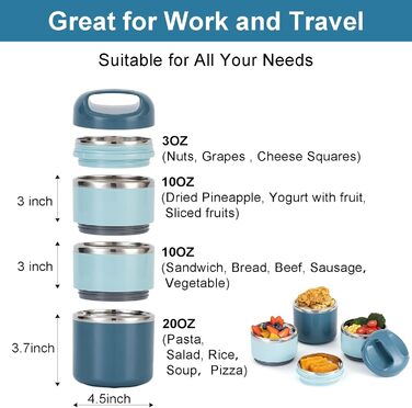 Ланчбокс Lille Home з нержавіючої сталі 1.43л, 3-рівневий, ізольований, без BPA, для їжі на виніс, підходить для жінок та чоловіків (блакитний)