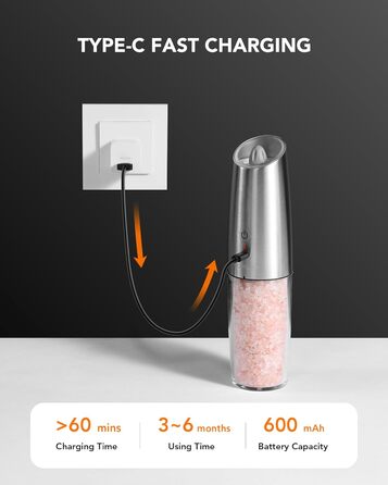 Електрична млинка для перцю та солі FORLIM, USB заряджання, 9oz, з LED-підсвіткою, регульований помел, автоматична, з нержавіючої сталі, срібляста