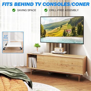 Мобільна підставка для телевізора на колесах з дерев'яною полицею, поворотна та регульована по висоті, для ТВ 27-60 дюймів, до 40 кг, VESA 400x400мм, білий