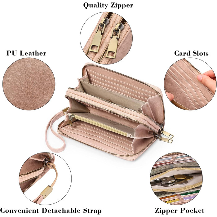GAEKEAO Wallet for Women Large, Vegan Leather Card Holder Double Zipper Clutch with RFID Protection, Multiple Card Slots, Large Purse for Women