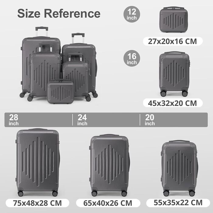 Набір валіз LALAHO 4 шт. з ABS, сірий, з телескопічним ручками, ручна поклажа