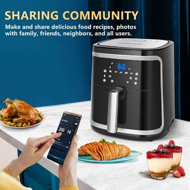 Aigostar Cube Smart WiFi - Hot Air Fryer 7L XXL, 1900W Airfryer with APP Control, Hot Air Fryer with 7 Cooking Functions, Touchscreen, Timer Function, 20 Recipe PDF, Oil-Free, DIY Menu.