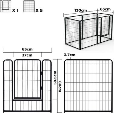Вольєр для цуценят/собак Freigehege, складаний, 6 секцій, 65x80 см, чорний (6 шт.)