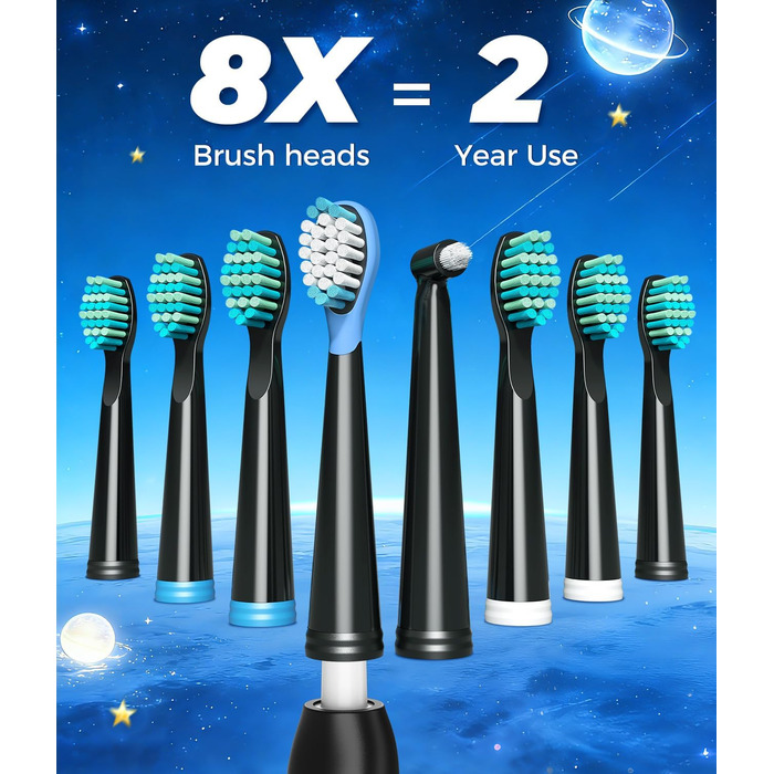 Звукова зубна щітка Schallzahnbürste для дорослих, 8 насадок, 40000 об/хв, 5 режимів, до 30 днів роботи, швидка зарядка, IPX7 водонепроникна, чорна