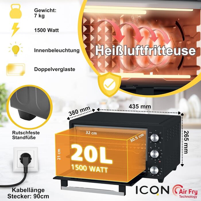 Міні-піч ICQN 50L з конвекцією, 1800 Вт, підсвічуванням, 5 функцій, таймером 60 хв, комплект форм для випічки, міні-печі (20 л з фритюрницею)
