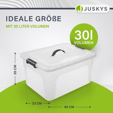 Juskys Storage Box with Lid - Set of 4 Plastic Boxes 45L - Large Box, Stackable, Transparent - Storage Organization System Storage Boxes (Set of 4 - 30 Liters)