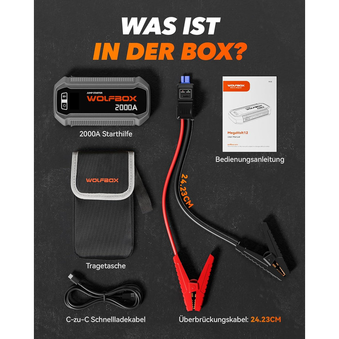 Powerbank WOLFBOX для запуску авто: 2000A, 12V, для бензину/дизеля (10L), LED-ліхтар, великий екран, кабель, бустер для SUV, вантажівок, мотоциклів