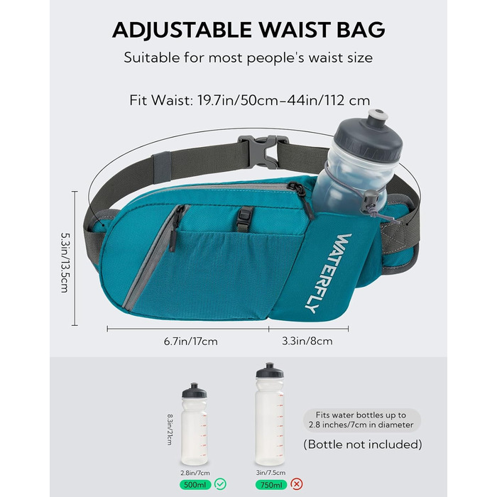 WATERFLY Поясна сумка на пояс для чоловіків та жінок з тримачем для пляшки: спортивна, стильна, для бігу, прогулянок, тренувань з собакою, подорожей. (Турквіс)
