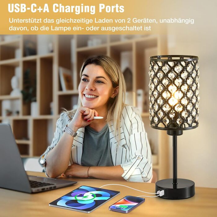 Кристалева лампа GyroVu Kristall: настільна та нічна, диммер, USB A+C, для вітальні та спальні (з лампою)