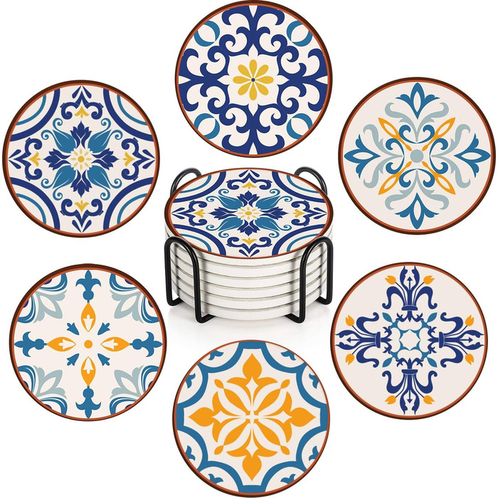 Drink Coasters 6-Piece Set, Geometric Tribal Boho Blue Red Absorbent Round Ceramic Stone Mat with Cork Bottom and Metal Holder, Housewarming Gift Bar Decor (Talavera Tile)