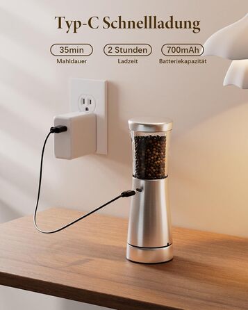 Salt and Pepper Grinder Electric 2-Piece Set with USB Rechargeable, Improved 4.5oz Large Capacity Spice Grinder Electric, Adjustable Coarseness with LED Light, Ideal for the Kitchen