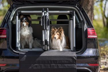 Трійзі Двомісна переносна клітка для собак з алюмінію – переноска для двох собак до 50 кг, 93 × 64 × 83 см, з висувною перегородкою, надійний замок, неслизький килимок – 39345 срібна L 93 x B 83 x H 64 см Двомісна переноска