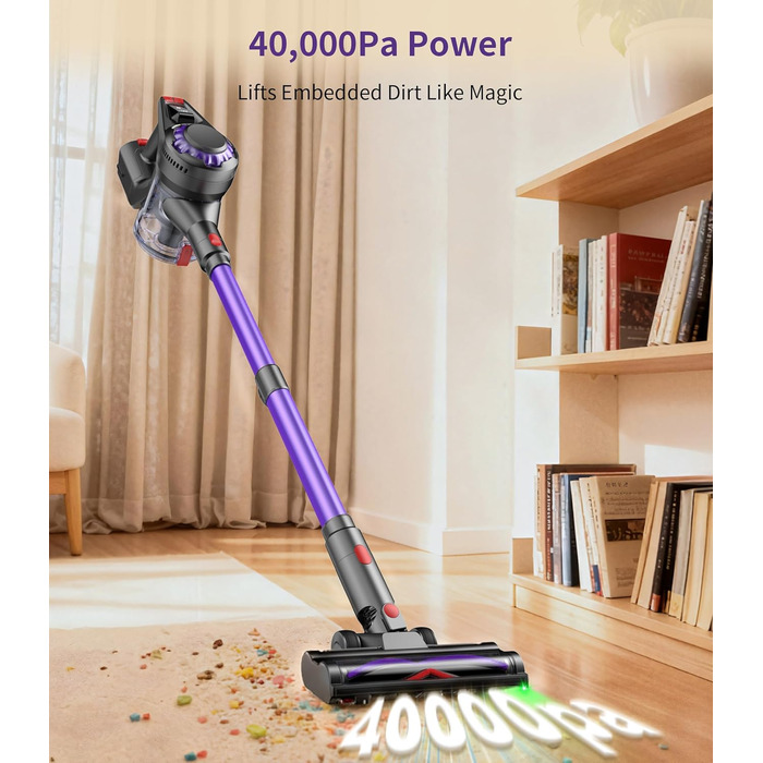 Бездротовий акумуляторний пилосос 450W, 40KPa, без мішка з HEPA-фільтром та LED-дисплеєм, антизаплутана щітка, самостійна підставка з кріпленням на стіну, час роботи 50 хв, для килимів, твердих підлог, шерсті тварин та авто