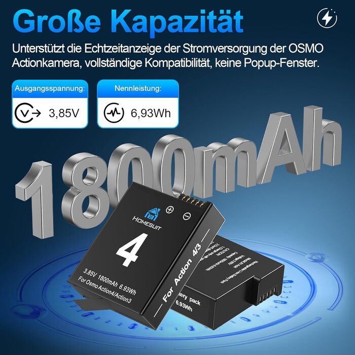 Набір акумуляторів та зарядний пристрій для DJI Osmo Action 4/3: 2x акумулятори 1800mAh + Dual USB LED зарядний пристрій