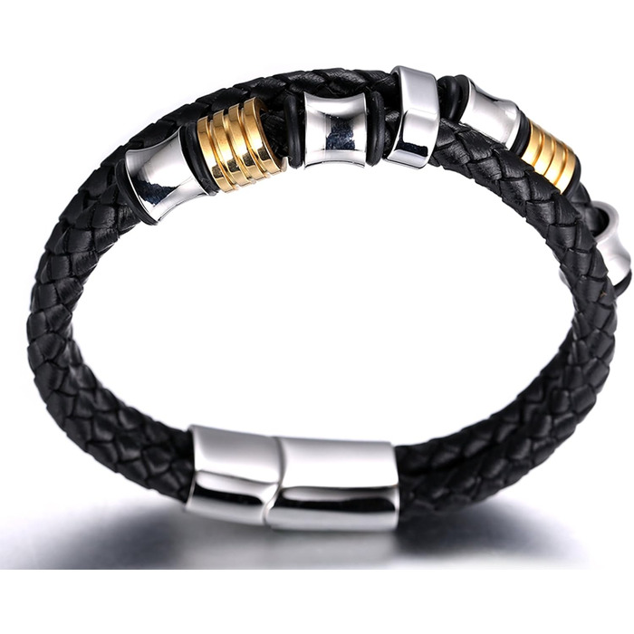 Браслет дитячий Halukakah Ehre Junior для хлопчиків зі шкіри чорного бика, з магнітним застежкою, покритий золотом/платиною, з титановими перлинами (6-12 років, 18-19.5 см)