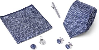 Елегантний подарунковий набір для чоловіків: краватка, кишеньковий хустинка, запонки, краватки-кліпса та кнопка-заглушка | Ідеально для офісу, весілля, костюма та сорочки | Чоловічий подарунковий набір (синій з геометричним візерунком)