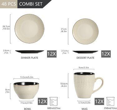 Набір посуду GUTO Tafelservice: 48 предметів (12 тарілок, 12 десертних тарілок, 12 салатників, 12 чашок) - бежевий, кераміка