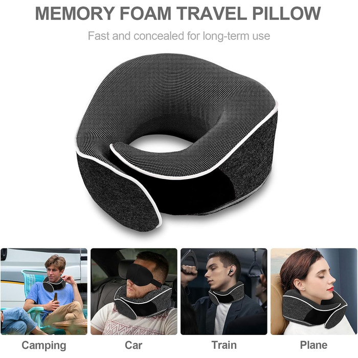 Подушка для шиї з піною Memory Foam, комплект з маскою для очей, навушниками та чохлом, ергономічна, для подорожей (темно-сіра)