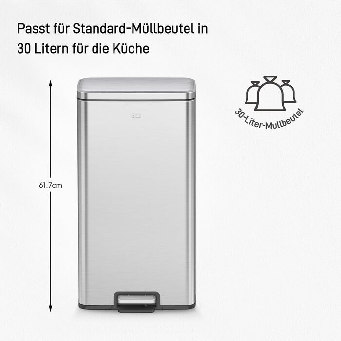 Відро для сміття EKO Madison 30л з м'яким закриттям кришки, нержавіюча сталь, знімний внутрішній відерце, стійке до відбитків пальців, з 20 мішками для сміття 30л