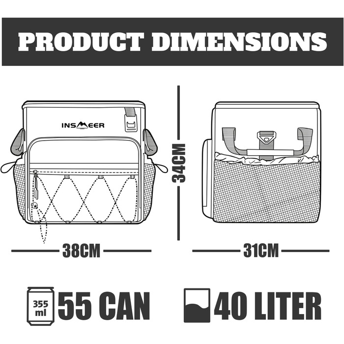 INSMEER Велика термосумка на колесах 40л, 60 банок, водонепроникна, для пляжу, кемпінгу, пікніка, покупок (сіра)