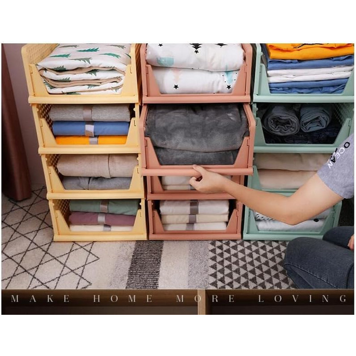 Ygapuzi 2 Pack Stackable Clothes Storage Baskets Organizer Sliding Cabinet Shelf Divider Separator Desktop Containers for Closet Wardrobe Kitchen Bathroom Office (White - 2Pack) (Pink - 4pack)