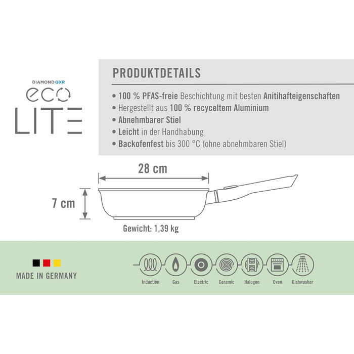 Сковорода Woll Eco Lite QXR з високим бортиком - індукційна, Ø 28 см, 7 см висота, знімний ручка. Підходить для всіх типів плит, без PFAS, 100% перероблений алюміній, можна використовувати в духовці, чорна