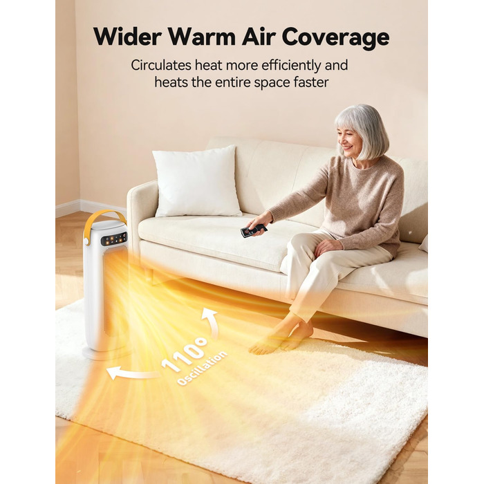 Електричний обігрівач PTC керамічний 1500W з пультом керування, 4 режими, осциляція 110°, таймер 1-10 год, захист від перегріву та перекидання. Компактний обігрівач для дому (білий)